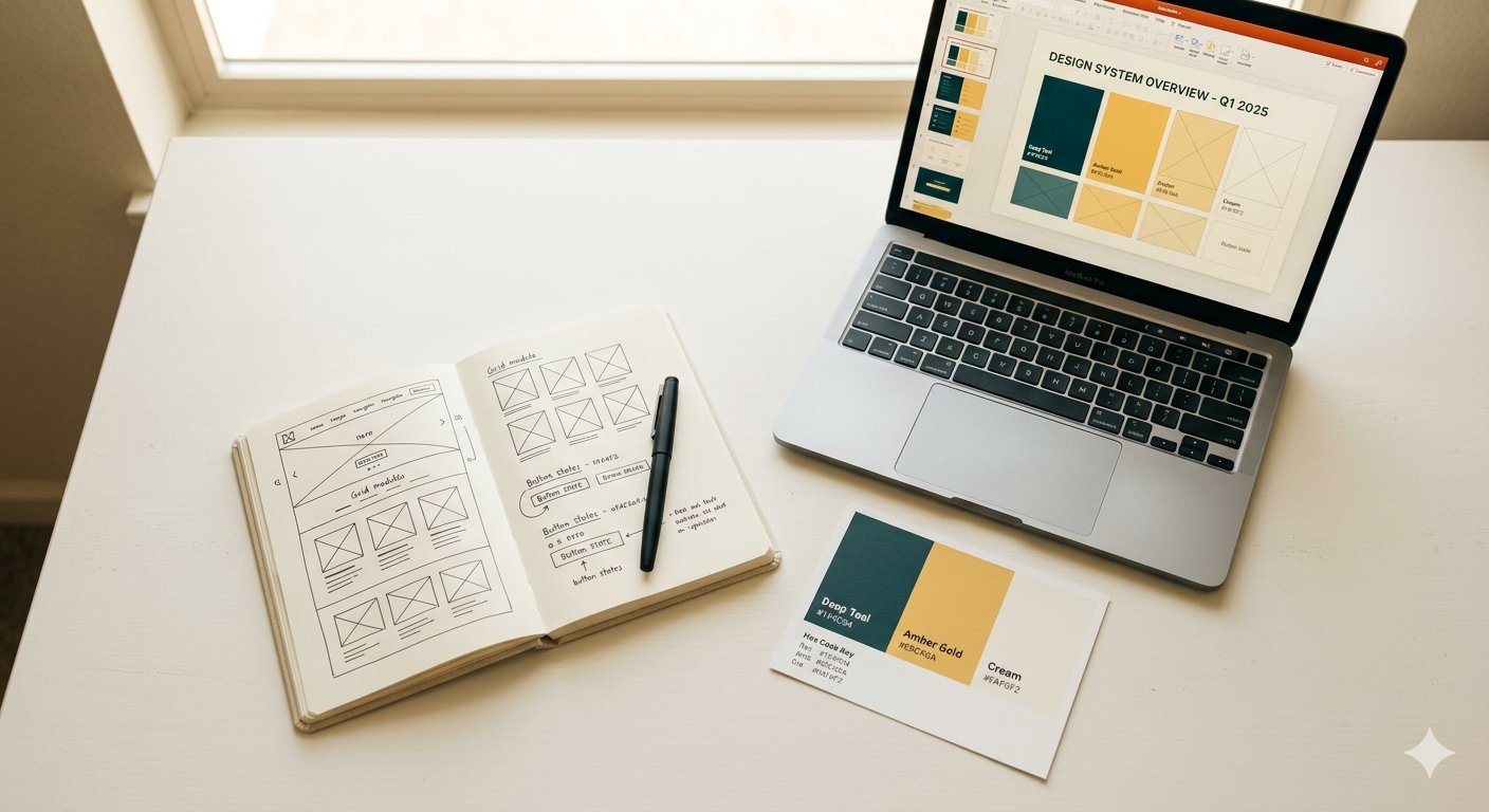 Overhead workspace view with a laptop showing a presentation, color palette cards in teal and amber, and wireframe sketches